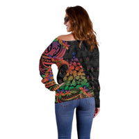 New Caledonia Christmas Off Shoulder Sweater Seashell Xmas Tree Tribal Waves - Polynesian Pride