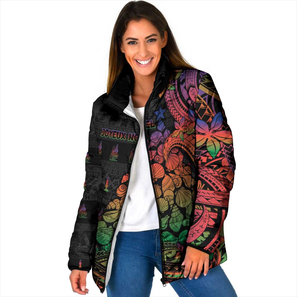 New Caledonia Christmas Padded Jacket Seashell Xmas Tree Tribal Waves DT05 Women Black - Polynesian Pride