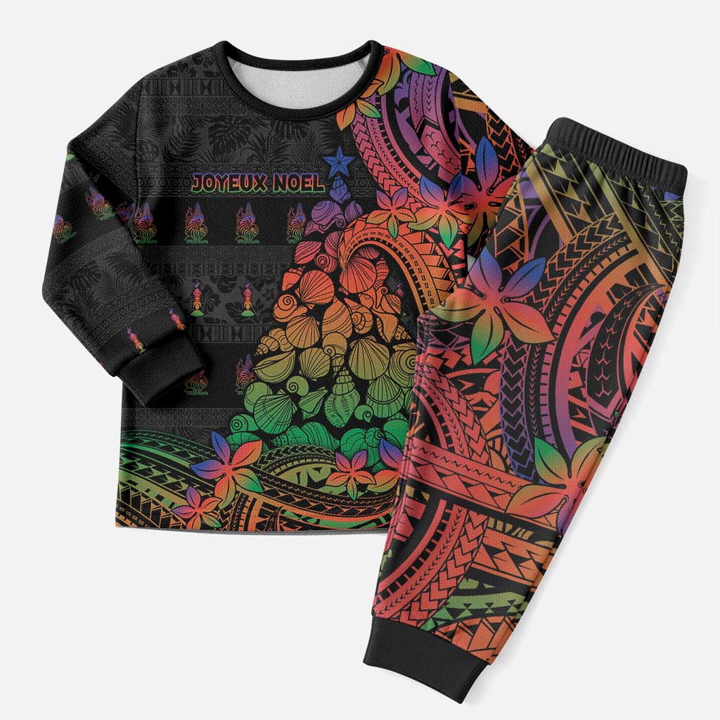 New Caledonia Christmas Pajama Set Seashell Xmas Tree Tribal Waves DT05 Men Black - Polynesian Pride