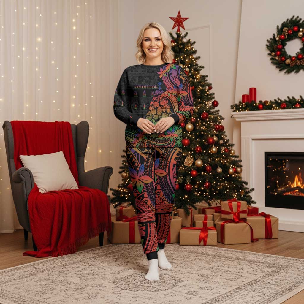 New Caledonia Christmas Pajama Set Seashell Xmas Tree Tribal Waves DT05 Women Black - Polynesian Pride