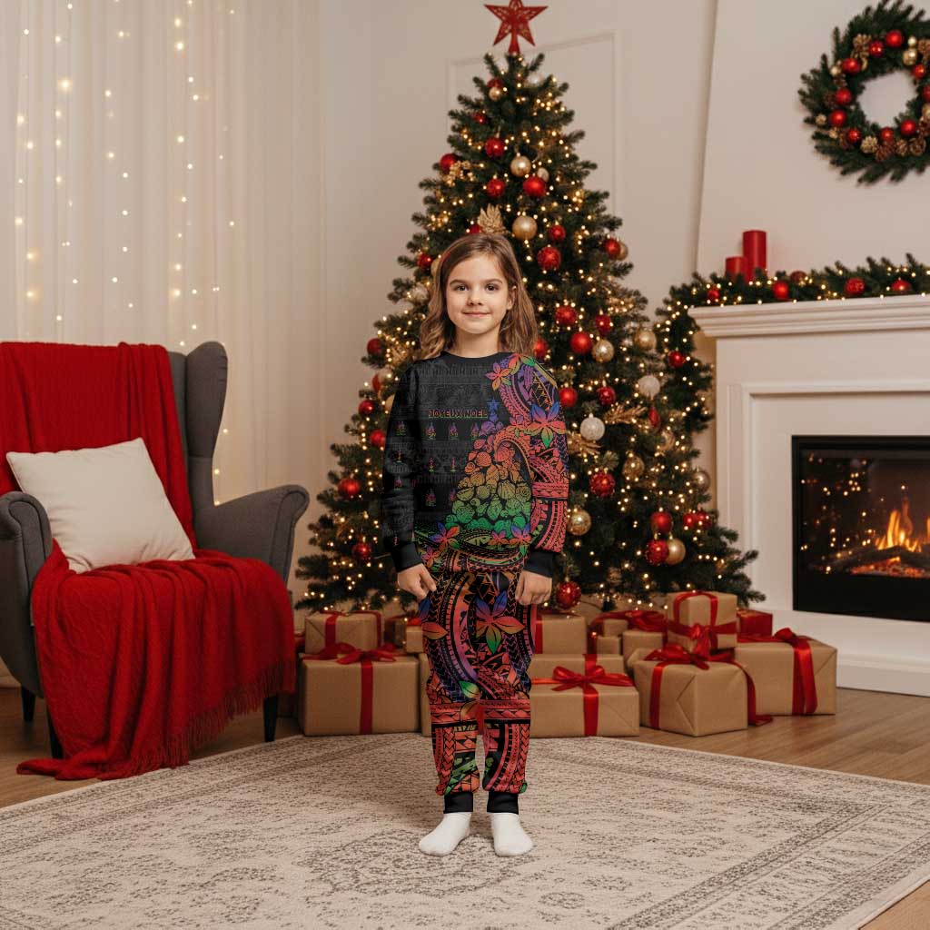 New Caledonia Christmas Pajama Set Seashell Xmas Tree Tribal Waves DT05 Kid Black - Polynesian Pride