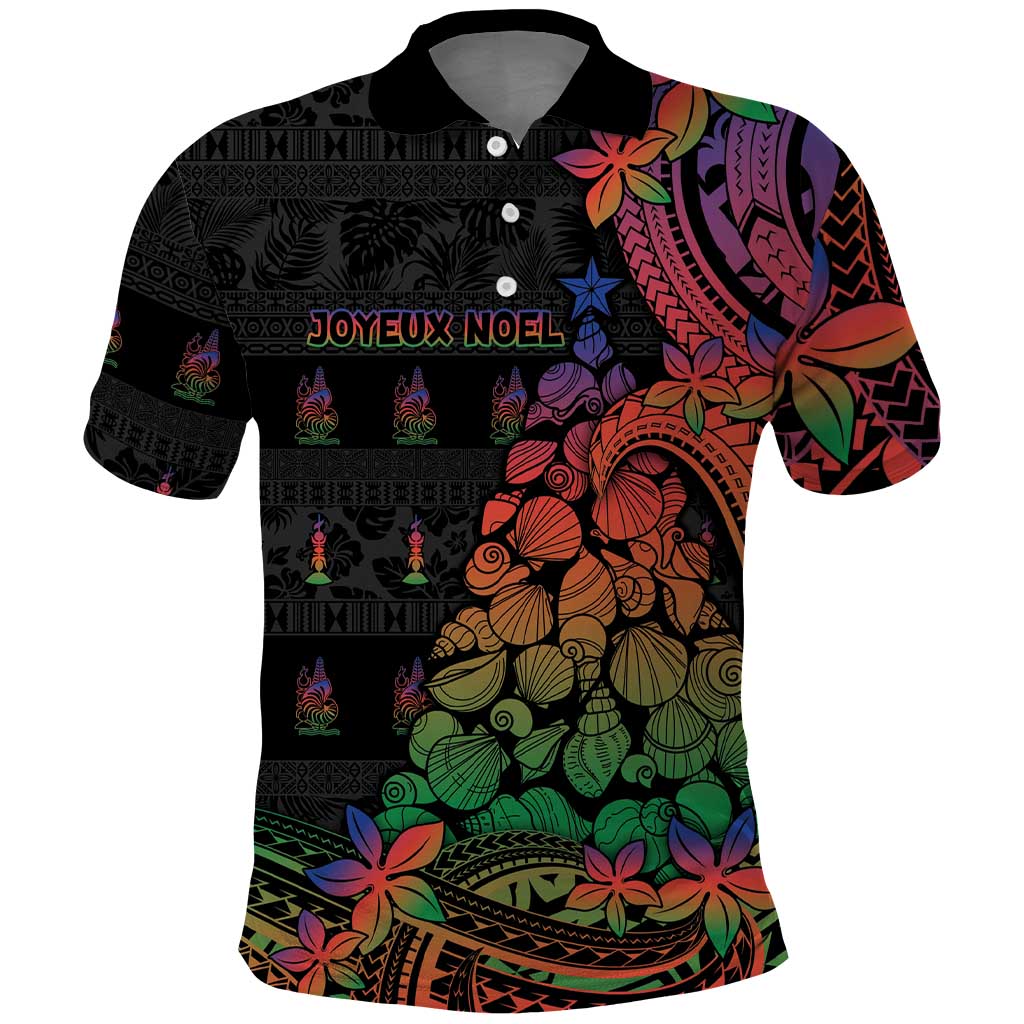 New Caledonia Christmas Polo Shirt Seashell Xmas Tree Tribal Waves DT05 Black - Polynesian Pride