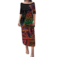 New Caledonia Christmas Puletasi Seashell Xmas Tree Tribal Waves DT05 Long Dress Black - Polynesian Pride