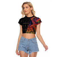 New Caledonia Christmas Raglan Cropped T Shirt Seashell Xmas Tree Tribal Waves DT05 Female Black - Polynesian Pride
