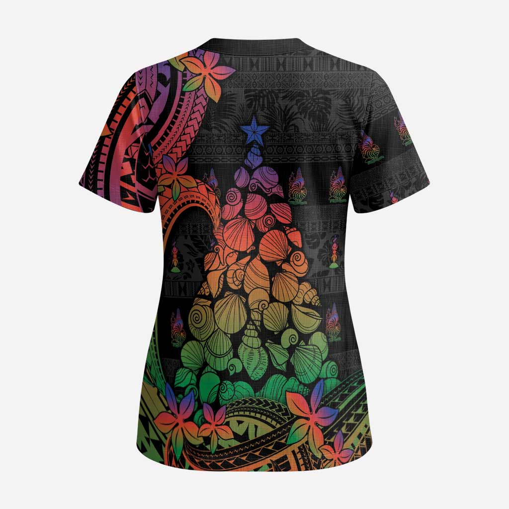 New Caledonia Christmas Scrub Top Seashell Xmas Tree Tribal Waves DT05 - Polynesian Pride