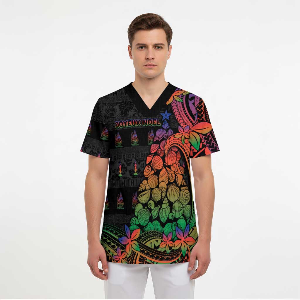 New Caledonia Christmas Scrub Top Seashell Xmas Tree Tribal Waves DT05 - Polynesian Pride