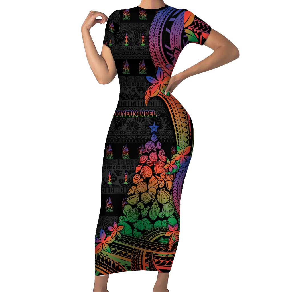New Caledonia Christmas Short Sleeve Bodycon Dress Seashell Xmas Tree Tribal Waves DT05 Long Dress Black - Polynesian Pride