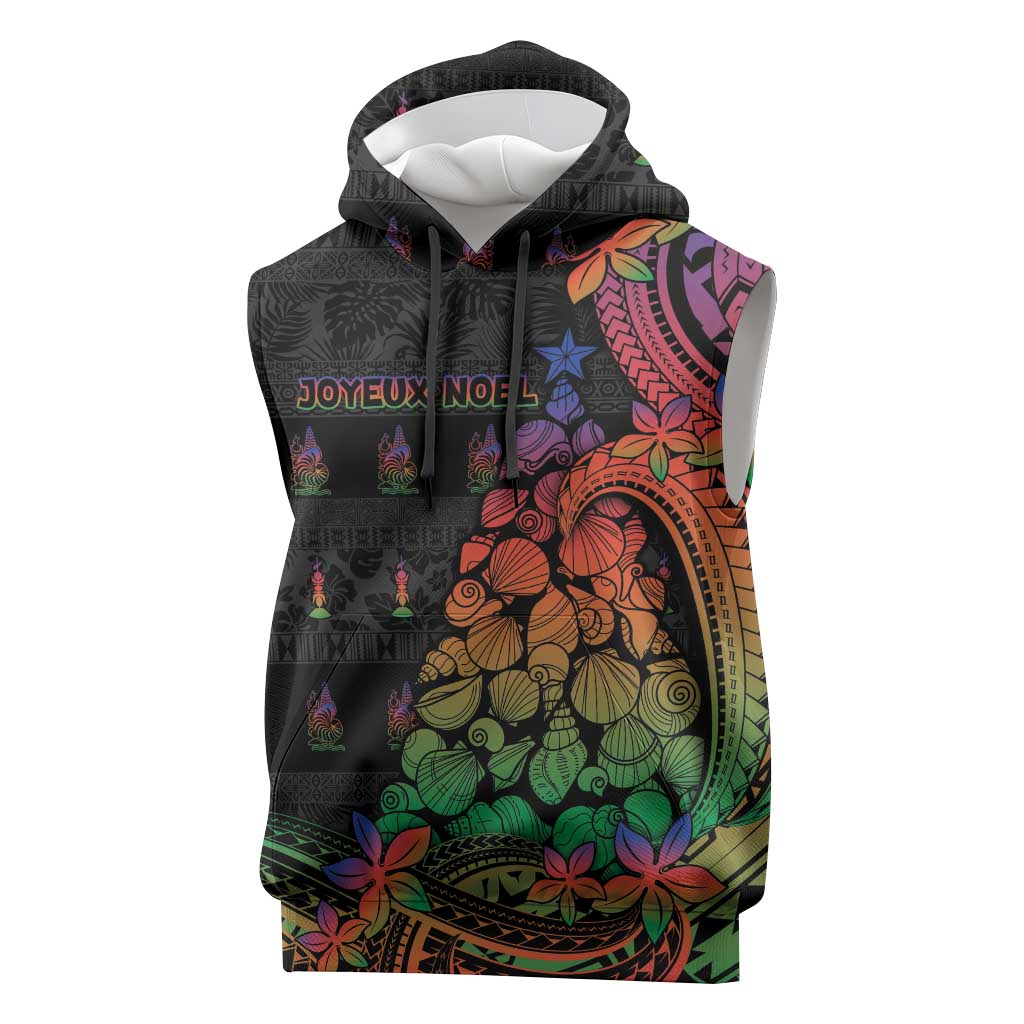 New Caledonia Christmas Sleeveless Hoodie Seashell Xmas Tree Tribal Waves DT05 Black - Polynesian Pride