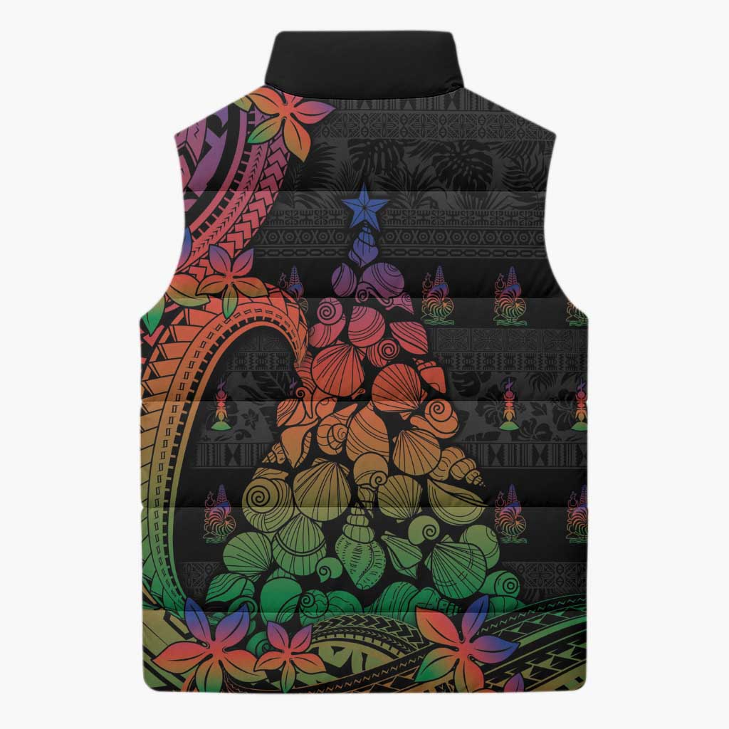 New Caledonia Christmas Sleeveless Puffer Jacket Seashell Xmas Tree Tribal Waves DT05 - Polynesian Pride