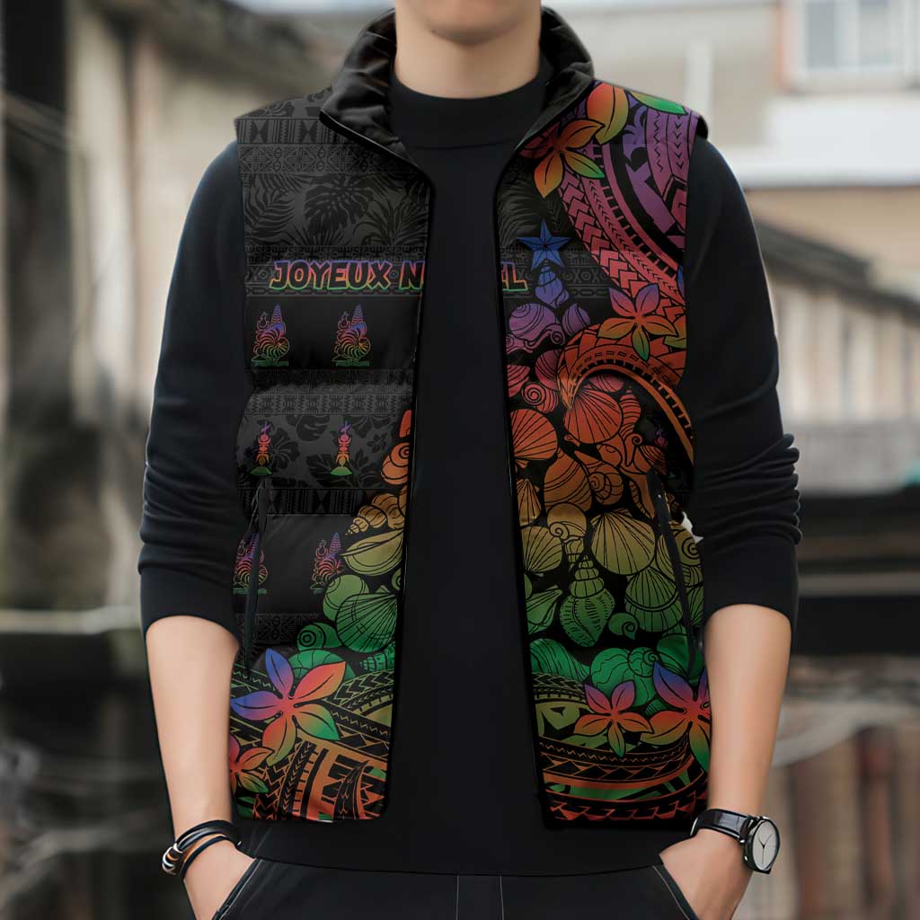 New Caledonia Christmas Sleeveless Puffer Jacket Seashell Xmas Tree Tribal Waves DT05 - Polynesian Pride