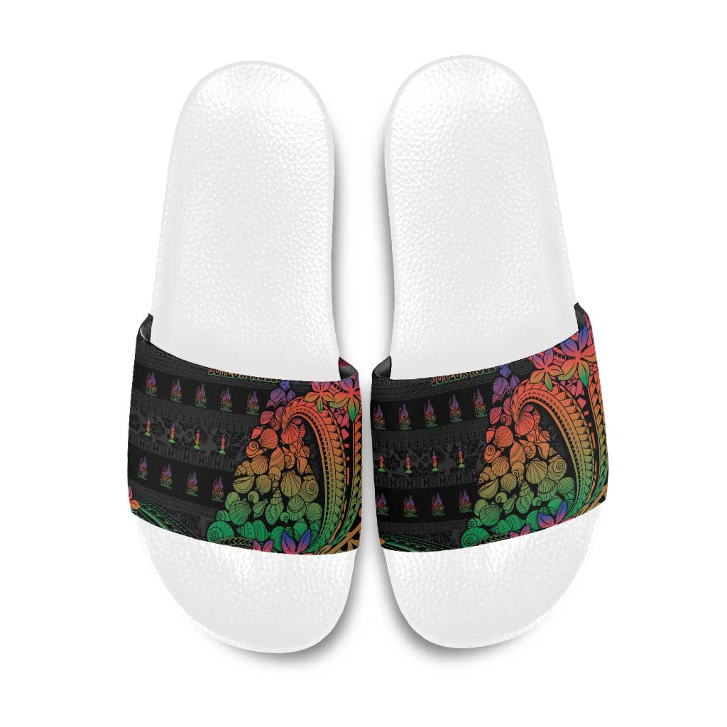 New Caledonia Christmas Slide Sandals Seashell Xmas Tree Tribal Waves DT05 Black - Polynesian Pride