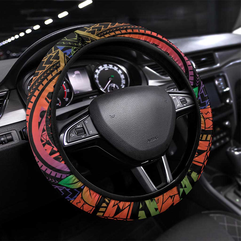 New Caledonia Christmas Steering Wheel Cover Seashell Xmas Tree Tribal Waves DT05 Universal Fit Black - Polynesian Pride