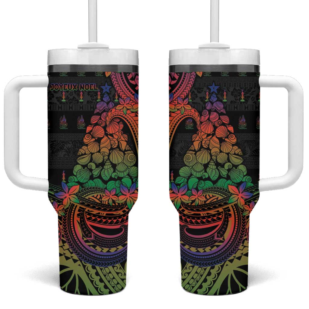 New Caledonia Christmas Tumbler With Handle Seashell Xmas Tree Tribal Waves - Polynesian Pride