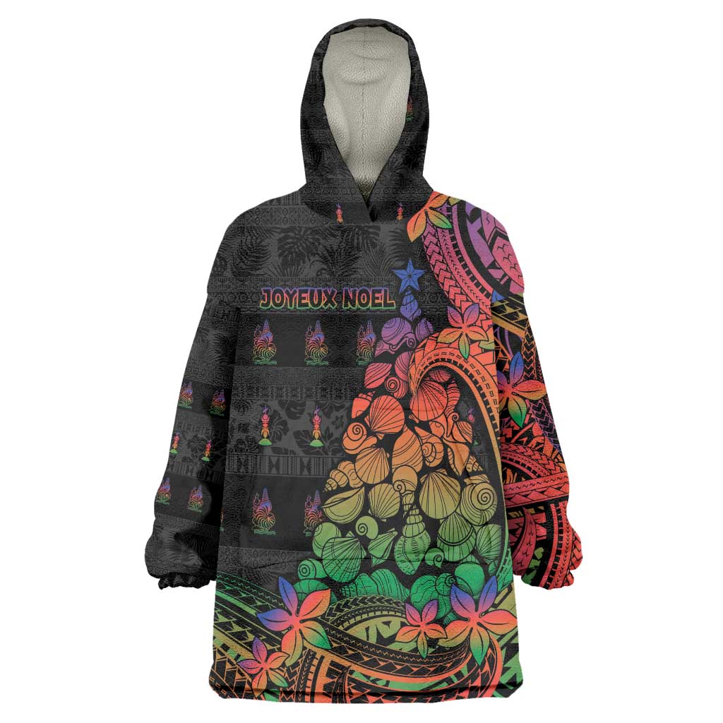 New Caledonia Christmas Wearable Blanket Hoodie Seashell Xmas Tree Tribal Waves DT05 One Size Black - Polynesian Pride