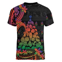New Caledonia Christmas Women V-Neck T-Shirt Seashell Xmas Tree Tribal Waves - Polynesian Pride