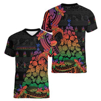 New Caledonia Christmas Women V-Neck T-Shirt Seashell Xmas Tree Tribal Waves - Polynesian Pride