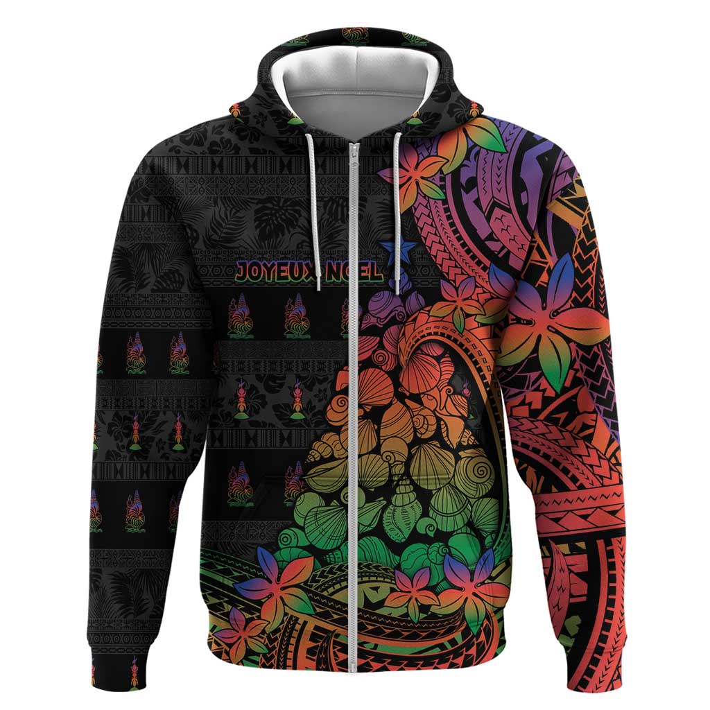 New Caledonia Christmas Zip Hoodie Seashell Xmas Tree Tribal Waves DT05 Zip Hoodie Black - Polynesian Pride