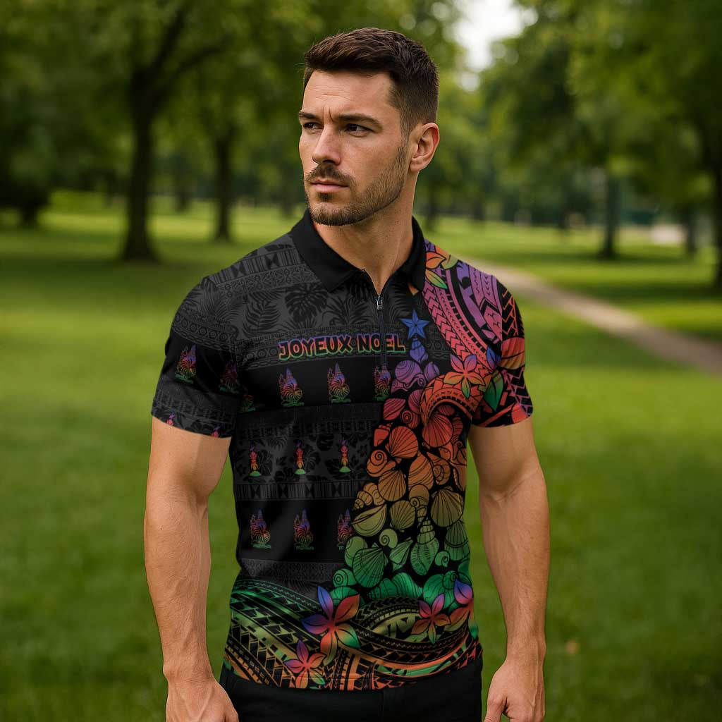 New Caledonia Christmas Zipper Polo Shirt Seashell Xmas Tree Tribal Waves DT05 - Polynesian Pride