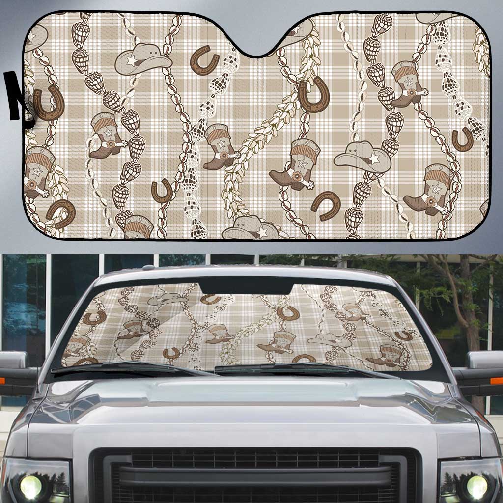 Hawaii Palaka Cowboy Auto Sun Shade Shell Maile Lei With Western Patterns - Polynesian Pride