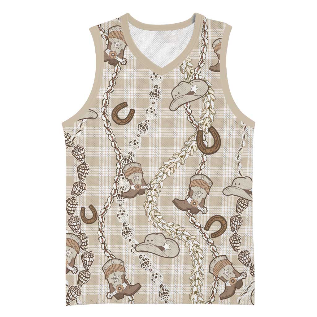 Hawaii Palaka Cowboy Basketball Jersey Shell Maile Lei With Western Patterns DT05 Unisex Beige - Polynesian Pride