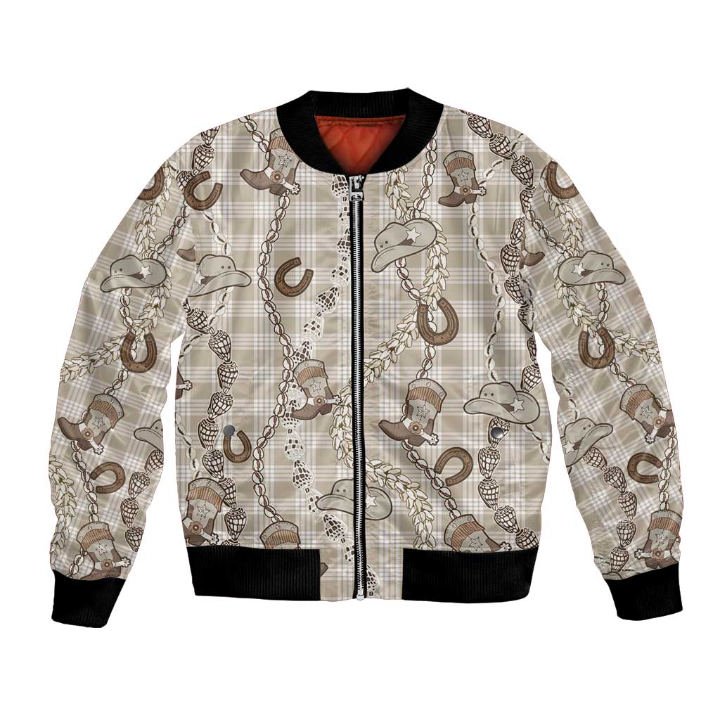 Hawaii Palaka Cowboy Bomber Jacket Shell Maile Lei With Western Patterns DT05 Unisex Beige - Polynesian Pride