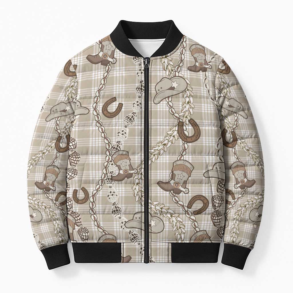 Hawaii Palaka Cowboy Bomber Puffer Jacket Shell Maile Lei With Western Patterns DT05 Unisex Beige - Polynesian Pride