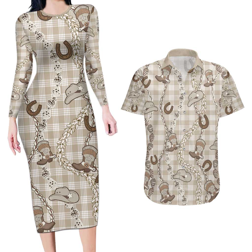 Hawaii Palaka Cowboy Couples Matching Long Sleeve Bodycon Dress and Hawaiian Shirt Shell Maile Lei With Western Patterns - Polynesian Pride
