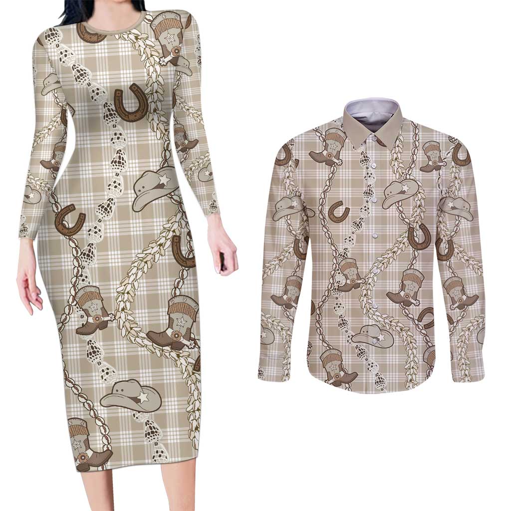 Hawaii Palaka Cowboy Couples Matching Long Sleeve Bodycon Dress and Long Sleeve Button Shirt Shell Maile Lei With Western Patterns - Polynesian Pride