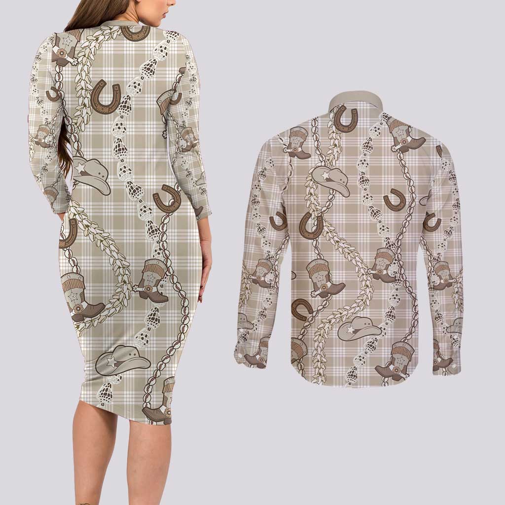 Hawaii Palaka Cowboy Couples Matching Long Sleeve Bodycon Dress and Long Sleeve Button Shirt Shell Maile Lei With Western Patterns - Polynesian Pride