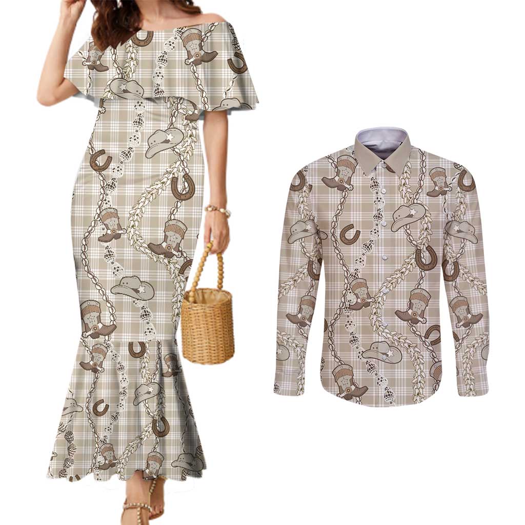 Hawaii Palaka Cowboy Couples Matching Mermaid Dress and Long Sleeve Button Shirt Shell Maile Lei With Western Patterns - Polynesian Pride