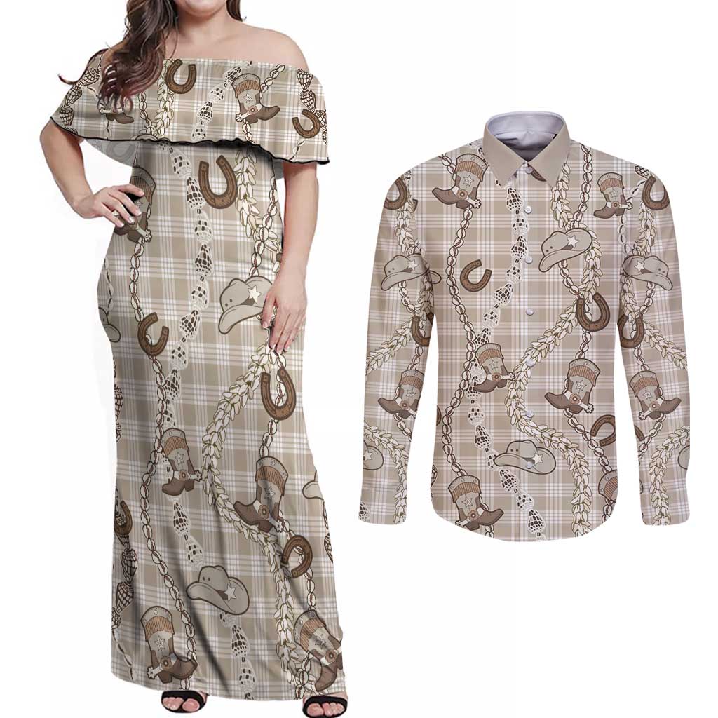 Hawaii Palaka Cowboy Couples Matching Off Shoulder Maxi Dress and Long Sleeve Button Shirt Shell Maile Lei With Western Patterns - Polynesian Pride