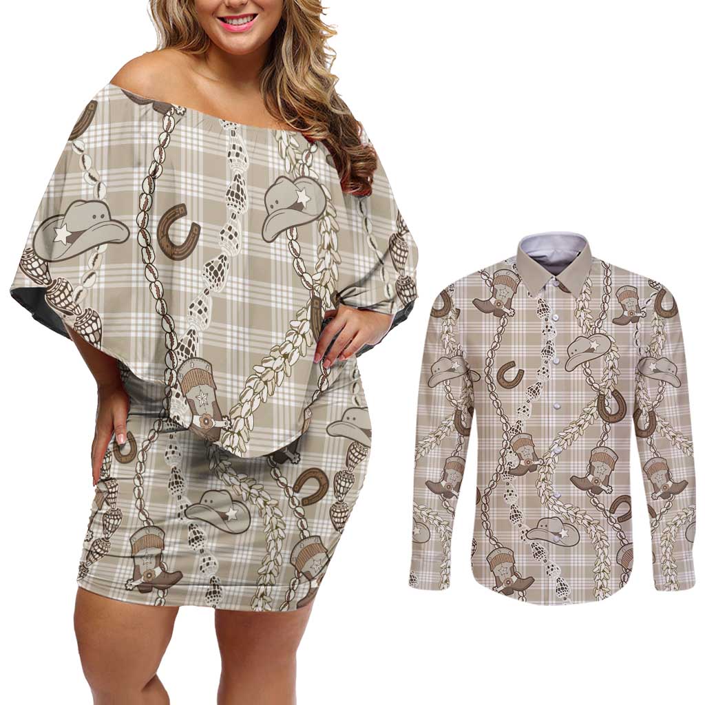 Hawaii Palaka Cowboy Couples Matching Off Shoulder Short Dress and Long Sleeve Button Shirt Shell Maile Lei With Western Patterns - Polynesian Pride
