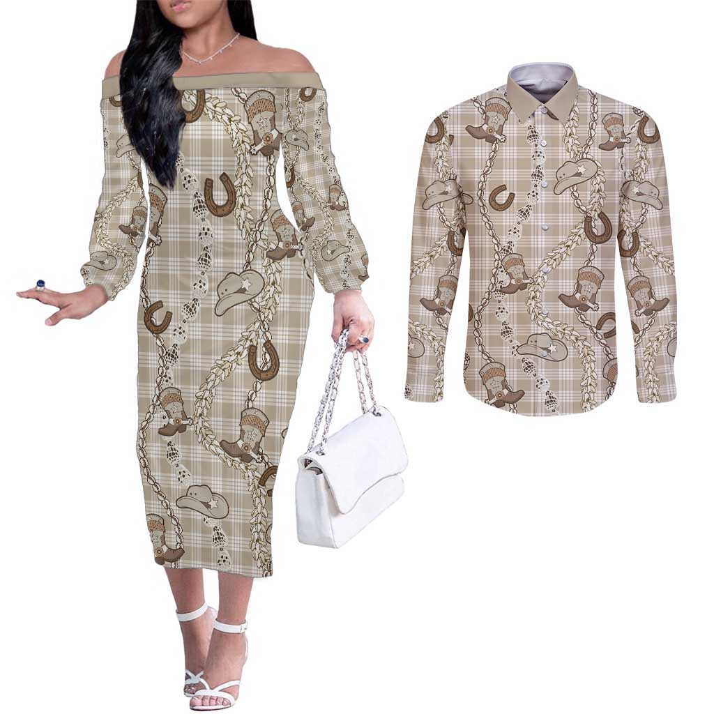 Hawaii Palaka Cowboy Couples Matching Off The Shoulder Long Sleeve Dress and Long Sleeve Button Shirt Shell Maile Lei With Western Patterns - Polynesian Pride