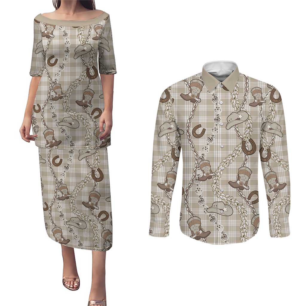 Hawaii Palaka Cowboy Couples Matching Puletasi and Long Sleeve Button Shirt Shell Maile Lei With Western Patterns DT05 Beige - Polynesian Pride