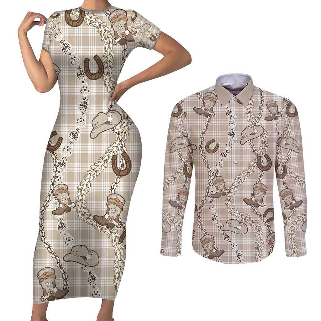 Hawaii Palaka Cowboy Couples Matching Short Sleeve Bodycon Dress and Long Sleeve Button Shirt Shell Maile Lei With Western Patterns - Polynesian Pride