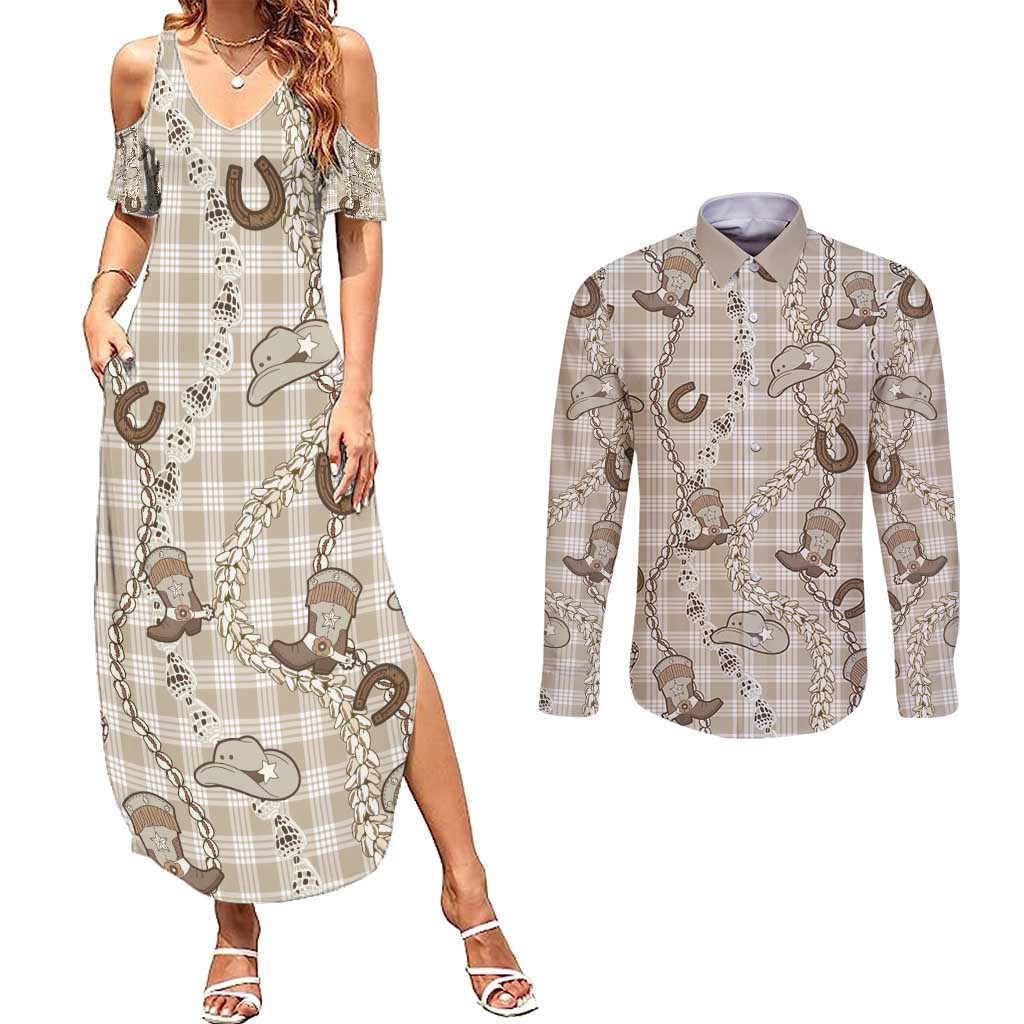 Hawaii Palaka Cowboy Couples Matching Summer Maxi Dress and Long Sleeve Button Shirt Shell Maile Lei With Western Patterns - Polynesian Pride