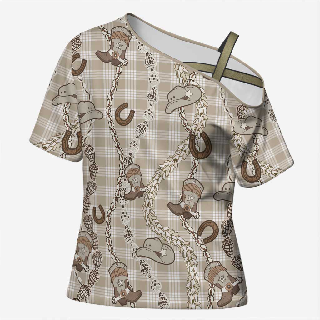 Hawaii Palaka Cowboy Cross Shoulder Shirt Shell Maile Lei With Western Patterns DT05 Female Beige - Polynesian Pride