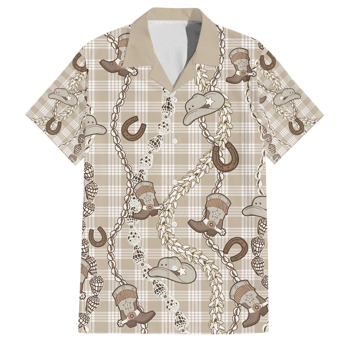 Hawaii Palaka Cowboy Family Matching Off The Shoulder Long Sleeve Dress and Hawaiian Shirt Shell Maile Lei With Western Patterns - Polynesian Pride