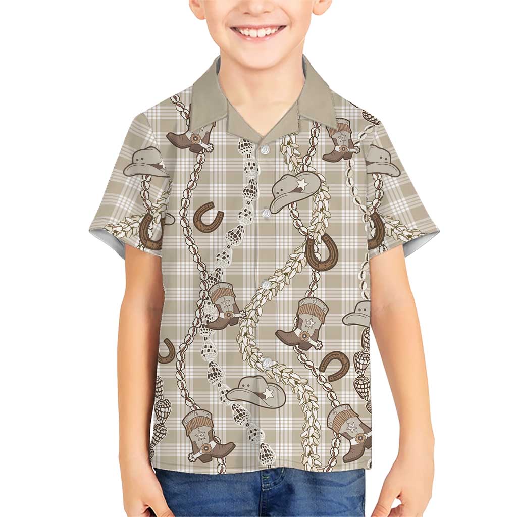 Hawaii Palaka Cowboy Kid Hawaiian Shirt Shell Maile Lei With Western Patterns DT05 Kid Beige - Polynesian Pride