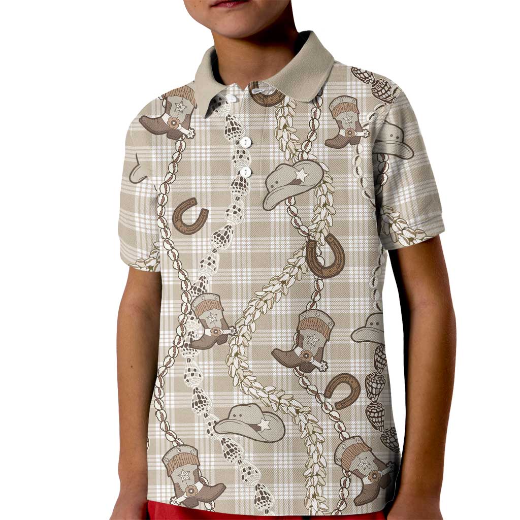 Hawaii Palaka Cowboy Kid Polo Shirt Shell Maile Lei With Western Patterns DT05 Kid Beige - Polynesian Pride