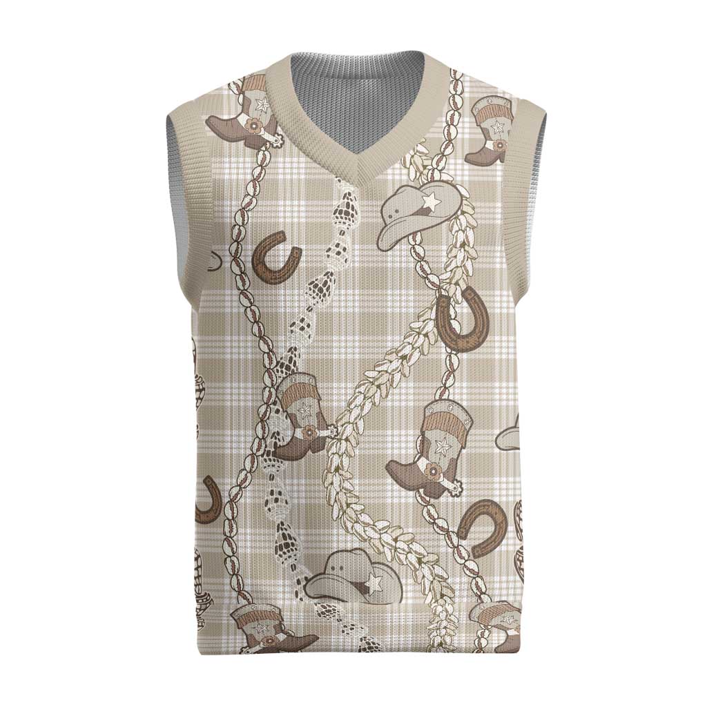 Hawaii Palaka Cowboy Christmas Knitted V-Neck Vest Shell Maile Lei With Western Patterns DT05 Beige - Polynesian Pride