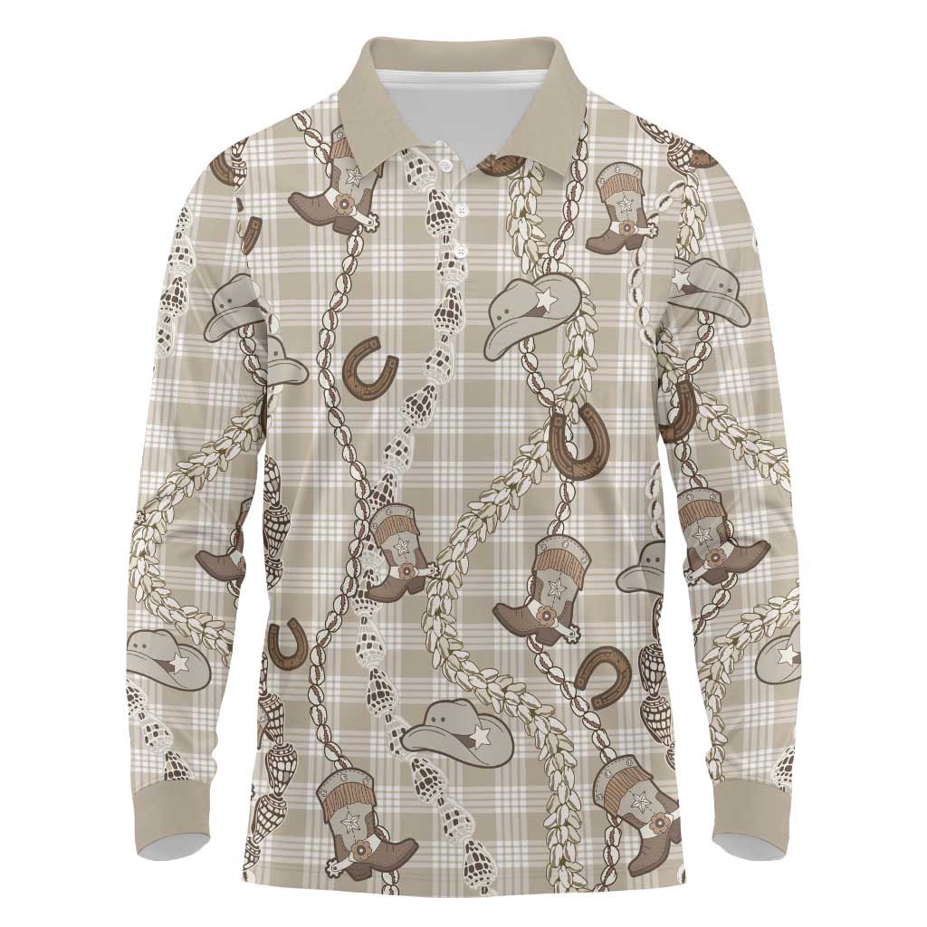 Hawaii Palaka Cowboy Long Sleeve Polo Shirt Shell Maile Lei With Western Patterns DT05 Beige - Polynesian Pride