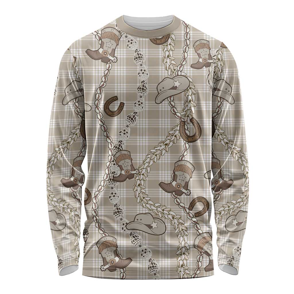 Hawaii Palaka Cowboy Long Sleeve Shirt Shell Maile Lei With Western Patterns DT05 Unisex Beige - Polynesian Pride