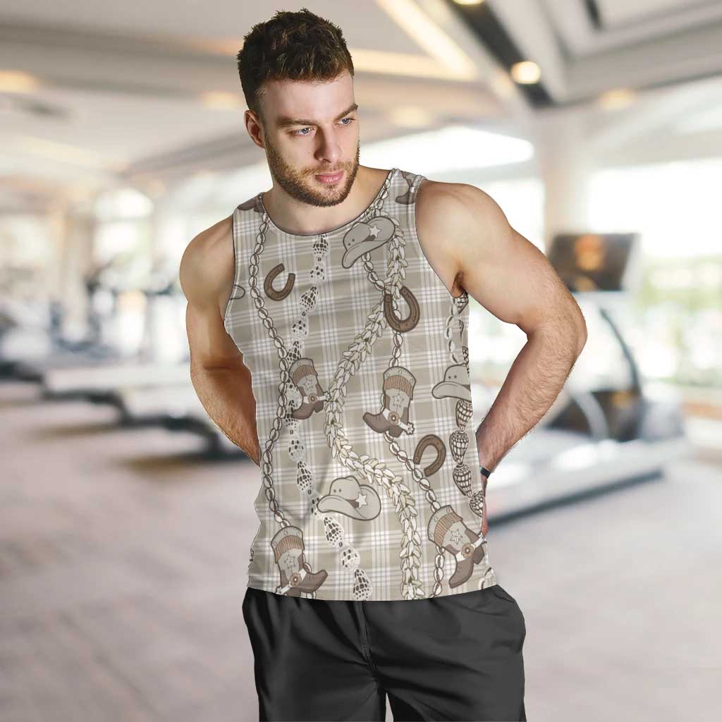 Hawaii Palaka Cowboy Men Tank Top Shell Maile Lei With Western Patterns DT05 Beige - Polynesian Pride