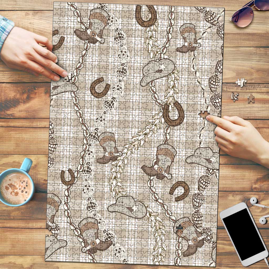 Hawaii Palaka Cowboy Puzzle Shell Maile Lei With Western Patterns DT05 Beige - Polynesian Pride