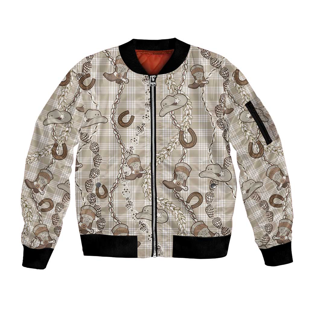Hawaii Palaka Cowboy Sleeve Zip Bomber Jacket Shell Maile Lei With Western Patterns DT05 Unisex Beige - Polynesian Pride