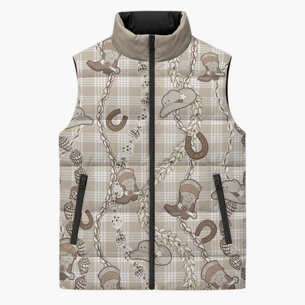 Hawaii Palaka Cowboy Sleeveless Puffer Jacket Shell Maile Lei With Western Patterns DT05 Unisex Beige - Polynesian Pride