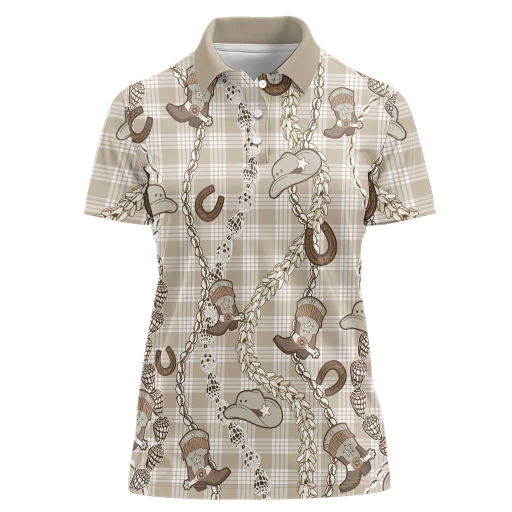 Hawaii Palaka Cowboy Women Polo Shirt Shell Maile Lei With Western Patterns DT05 Female Beige - Polynesian Pride