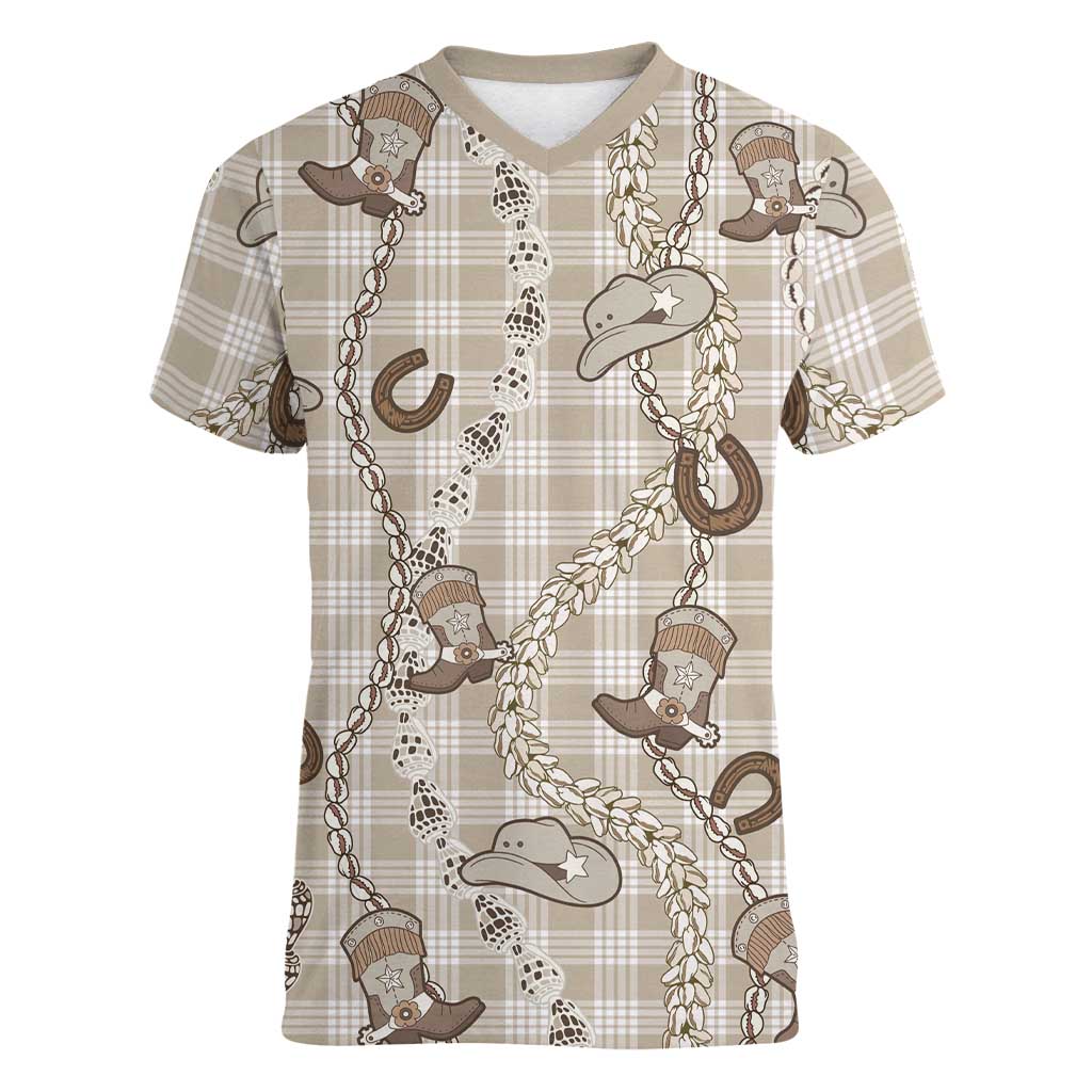 Hawaii Palaka Cowboy Women V-Neck T-Shirt Shell Maile Lei With Western Patterns DT05 Female Beige - Polynesian Pride