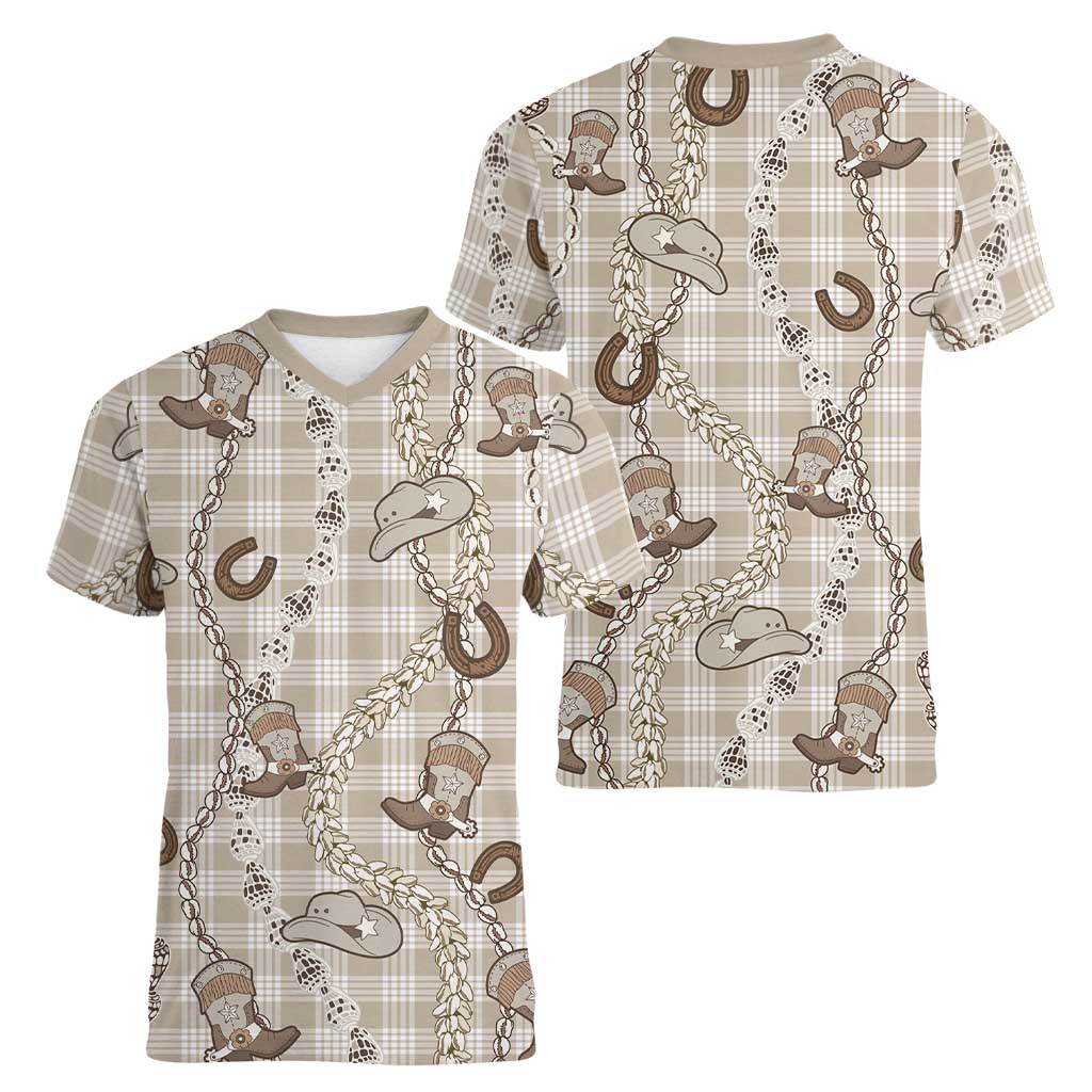 Hawaii Palaka Cowboy Women V-Neck T-Shirt Shell Maile Lei With Western Patterns DT05 - Polynesian Pride